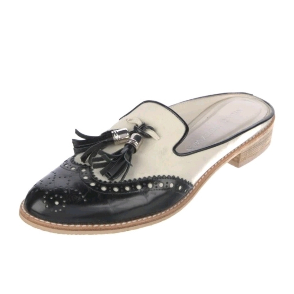 Stuart Weitzman Womens Black And White Mulething Brogue Leather Designer Mules 8